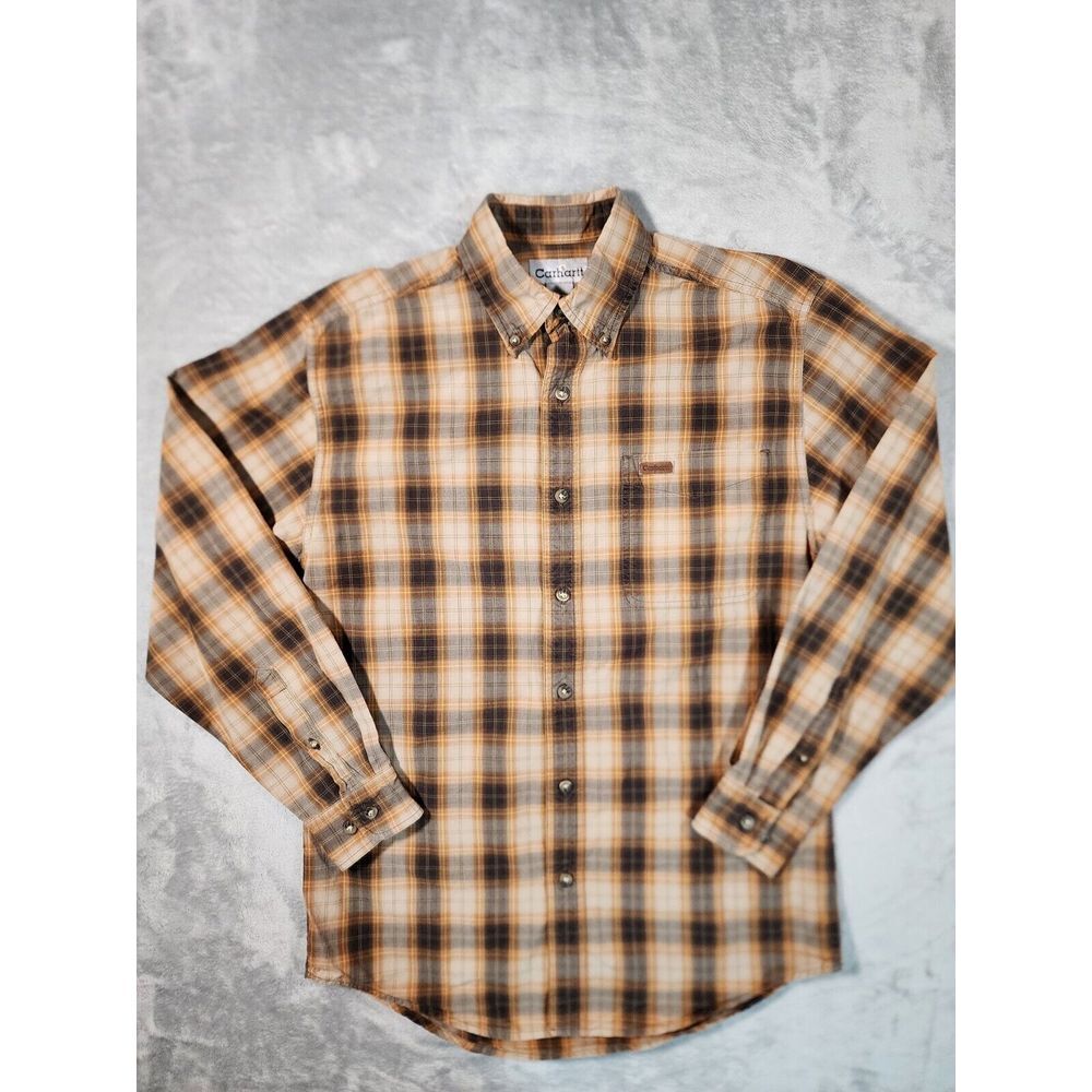 Carhartt Shirt Mens Small Button Up Tan Plaid Long Sleeve‎ Workwear